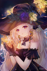 Rule 34 | 1girl, absurdres, artist name, black choker, black dress, black gloves, black hat, black sleeves, blonde hair, blue ribbon, breasts, choker, cleavage, crescent, crescent hair ornament, detached sleeves, dress, flower, gloves, hair ornament, hat, hat flower, highres, komorihikki, long hair, medium breasts, neck ribbon, night, original, outdoors, purple flower, red eyes, ribbon, short sleeves, snowflakes, solo, strapless, strapless dress, very long hair, winter, witch, witch hat