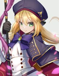 Rule 34 | 1girl, artoria caster (fate), artoria caster (second ascension) (fate), artoria pendragon (fate), black gloves, blonde hair, blue cape, blue headwear, bow, bowtie, brooch, cape, fate/grand order, fate (series), gloves, green eyes, grey background, highres, holding, holding staff, jewelry, long hair, looking at viewer, ryofuhiko, simple background, smile, solo, staff, upper body