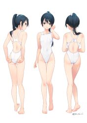 Rule 34 | 1girl, ass, bare arms, bare legs, bare shoulders, barefoot, black eyes, black hair, closed mouth, commission, competition swimsuit, from behind, full body, groin, houshou (kancolle), kantai collection, koruri, long hair, looking at viewer, multiple views, one-piece swimsuit, open mouth, ponytail, simple background, skeb commission, smile, swimsuit, twitter username, wet, wet clothes, wet swimsuit, white background, white one-piece swimsuit