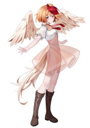 Rule 34 | 1girl, absurdres, ailu elf, animal, animal on head, bird, bird on head, bird tail, bird wings, blonde hair, blush, boots, brown footwear, chick, closed mouth, dress, feathered wings, full body, groin, highres, knee boots, multicolored hair, navel, niwatari kutaka, on head, orange dress, red eyes, red hair, see-through, see-through dress, short hair, short sleeves, simple background, solo, tail, touhou, two-tone hair, white background, wings, yellow wings