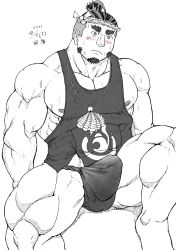 Rule 34 | 1boy, bara, blush, bulge, erection, erection under clothes, facial hair, feet out of frame, fundoshi, goatee, greyscale, japanese clothes, jewelry, large pectorals, male focus, masaru oka, mature male, monochrome, muscular, muscular male, necklace, nipple slip, nipples, pectorals, sarutahiko (housamo), shell, shell necklace, short hair, sideburns, sidepec, solo, spot color, spread legs, tank top, thick eyebrows, thick thighs, thighs, tokyo houkago summoners