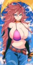 Rule 34 | 1girl, android, android 21, arc system works, bare shoulders, belt, bikini, bikini top only, blue eyes, blue sky, breasts, brown belt, brown hair, cleavage, closed mouth, cloud, collarbone, curvy, denim, dragon ball, dragon ball fighterz, earrings, elbow gloves, female focus, gloves, gold bracelet, gold earrings, hair between eyes, highres, hoop earrings, huge breasts, jeans, jewelry, kinakomochi (user vedc2333), long hair, looking at viewer, multicolored bikini top, multicolored clothes, navel, outdoors, pants, piercing, signature, sky, smile, solo, standing, stomach, swimsuit, very long hair