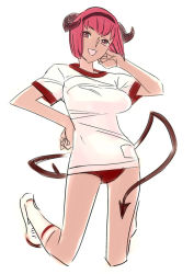 Rule 34 | 1girl, breasts, buruma, demon horns, demon tail, female focus, full body, gym uniform, hairband, hand on own face, hand on own hip, hip focus, horns, looking at viewer, nishieda, open mouth, original, red eyes, red hair, short hair, short sleeves, simple background, sketch, solo, tail, tan, white background