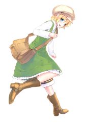 Rule 34 | 1girl, absurdres, bag, blonde hair, boots, dress, hat, highres, open mouth, original, ryou@ryou, short hair, simple background, smile, solo, white background