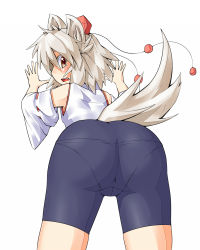 Rule 34 | 1girl, animal ears, bad id, bad pixiv id, bike shorts, detached sleeves, female focus, hat, highres, inubashiri momiji, looking back, mashio, pantylines, red eyes, short hair, silver hair, solo, tail, tokin hat, touhou, white background, wide sleeves, wolf ears, wolf tail