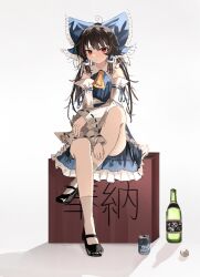 Rule 34 | 1girl, absurdres, ahoge, alternate color, ascot, black footwear, black hair, blue bow, blue skirt, blue vest, bow, can, closed mouth, commentary, detached sleeves, full body, glass bottle, grey background, hair bow, hakurei reimu, highres, long hair, looking at viewer, ougiikun, red eyes, ribbon-trimmed sleeves, ribbon trim, shirt, sidelocks, simple background, sitting, skirt, solo, touhou, vest, white shirt, yellow ascot