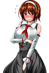 Rule 34 | 10s, 1girl, alternate costume, ar (lover boy), bare shoulders, black skirt, blush, breast hold, breasts, brown eyes, brown hair, closed mouth, cowboy shot, detached sleeves, flying sweatdrops, hairband, high-waist skirt, highres, kantai collection, large breasts, long sleeves, natori (kancolle), neckerchief, nose blush, shirt, short hair, skirt, smile, solo, white shirt