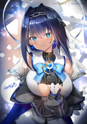 Rule 34 | 1girl, between breasts, black gloves, blue eyes, blue hair, blush, breasts, chain, closed mouth, detached sleeves, earrings, gloves, hair intakes, hand on own chest, highres, hololive, hololive english, jewelry, large breasts, looking at viewer, ouro kronii, ouro kronii (1st costume), patreon username, shibi, short hair, smile, solo, twitter username, underboob, upper body, virtual youtuber