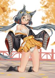 Rule 34 | 1girl, :o, absurdres, autumn, autumn leaves, azur lane, black choker, bluesnail, bow, bow panties, breasts, chest sarashi, choker, collarbone, commentary request, ginkgo leaf, glasses, grey hair, hatakaze (azur lane), highres, japanese clothes, kimono, kneeling, leaf, looking at viewer, off shoulder, open clothes, open kimono, open mouth, outdoors, paid reward available, panties, round eyewear, sarashi, seigaiha, short kimono, sleeves past fingers, sleeves past wrists, small breasts, socks, solo, underwear, very long sleeves, white panties, wide sleeves, yellow eyes