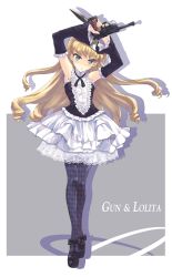 Rule 34 | 1girl, argyle, argyle clothes, argyle legwear, armpits, arms up, blonde hair, blue eyes, detached sleeves, drill hair, gothic lolita, gun, handgun, hat, highres, knife, lolita fashion, long hair, mary janes, nyan (themare), original, pantyhose, patterned legwear, shadow, shoes, skirt, solo, themare, walther, walther p38, weapon