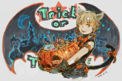 Rule 34 | 1girl, animal ears, armlet, bat (animal), blonde hair, bow, braid, candy, candy cane, cat ears, cat tail, dated, english text, fangs, food, gloves, halloween, halloween costume, jack-o&#039;-lantern, jewelry, looking at viewer, moon, open mouth, orange bow, orange eyes, original, pumpkin, short hair, sketch, sleeveless, smile, solo, star (symbol), tail, tko (kkk66), trick or treat, upper body