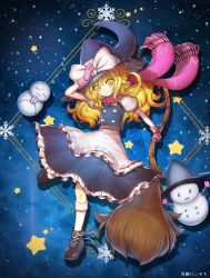 Rule 34 | 1girl, black hat, blonde hair, blush, bow, broom, closed mouth, full body, gloves, hat, hat bow, hidden star in four seasons, holding, holding broom, kirisame marisa, long hair, looking at viewer, pink gloves, pink scarf, puffy short sleeves, puffy sleeves, scarf, short sleeves, smile, snowman, socks, solo, tansan daisuki, touhou, white bow, white socks, witch hat, yellow eyes