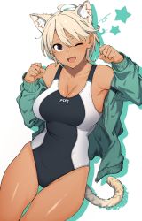Rule 34 | 1girl, animal ear fluff, animal ears, black one-piece swimsuit, blonde hair, breasts, brown eyes, cat ears, cat girl, cat tail, cleavage, collarbone, competition swimsuit, cowboy shot, dark-skinned female, dark skin, fang, green jacket, jacket, kr ohoshisama, looking at viewer, medium breasts, one-piece swimsuit, one eye closed, original, shadow, short hair, simple background, skin fang, smile, solo, star (symbol), swimsuit, tail, thigh gap, white background