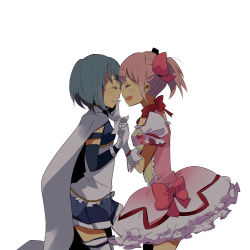 Rule 34 | 10s, 2girls, bad id, bad pixiv id, blue hair, bow, bubble skirt, cape, closed eyes, artistic error, face-to-face, gloves, hair bow, hand on another&#039;s face, highres, holding hands, kaname madoka, magical girl, mahou shoujo madoka magica, mahou shoujo madoka magica (anime), md5 mismatch, meno, miki sayaka, multiple girls, noses touching, pink hair, short hair, short twintails, simple background, skirt, tears, thighhighs, twintails, yuri, zettai ryouiki