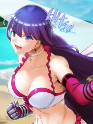 Rule 34 | 1girl, :d, abs, aoba (smartbeat), beach, bikini, blue eyes, blue sky, breasts, choker, cleavage, clenched hand, commentary request, cross, day, earrings, elbow gloves, fate/grand order, fate (series), gauntlets, gloves, highres, jewelry, large breasts, long hair, martha (fate), martha (swimsuit ruler) (fate), martha (swimsuit ruler) (third ascension) (fate), navel, ocean, open mouth, pink gloves, purple hair, sky, smile, solo, swimsuit, upper body, very long hair, white bikini, white choker