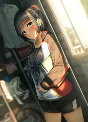 Rule 34 | 1girl, arm behind back, bad id, bad pixiv id, bag, bike shorts, black hair, blurry, blush, bottle, breasts, brown eyes, clothes hanger, collarbone, commentary request, cowboy shot, day, depth of field, dutch angle, hair ornament, hair scrunchie, half updo, head tilt, highres, indoors, jacket, long sleeves, looking at viewer, medium breasts, notebook, original, partially unzipped, pen, pleated skirt, rerrere, school bag, scrunchie, shirt, unworn shirt, short hair, skirt, unworn skirt, solo, standing, stopwatch, sunlight, track jacket, watch, water bottle, white shirt, window, zipper, zipper pull tab