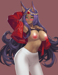 Rule 34 | 1girl, animal ears, aqua eyes, arm behind head, armpits, blush, bra, bra lift, breasts, breasts out, circlet, cleavage, closed mouth, dark-skinned female, dark skin, eyeliner, fate/grand order, fate (series), forehead jewel, hand on own chest, head chain, hella p, high-waist pants, highres, jacket, jewelry, large breasts, long hair, long sleeves, looking at viewer, makeup, navel, nipples, open clothes, open jacket, pants, parted bangs, purple hair, queen of sheba (fate), red jacket, simple background, smile, solo, sweat, thighs, tight clothes, tight pants, underwear, white pants, yoga pants