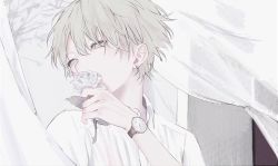Rule 34 | 1boy, androgynous, bishounen, covered mouth, curtains, earrings, flower, grey eyes, highres, jewelry, looking afar, looking to the side, male focus, original, pale skin, sinaco, solo, watch, white hair, wristwatch