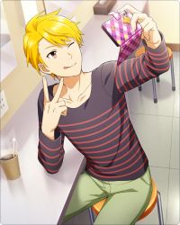 Rule 34 | 1boy, blonde hair, cellphone, collarbone, cup, fingernails, holding, holding phone, idolmaster, idolmaster side-m, idolmaster side-m growing stars, long sleeves, maita rui, male focus, official art, one eye closed, pants, phone, selfie, shirt, sitting, smartphone, striped clothes, striped shirt, tongue, tongue out, v
