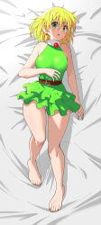 Rule 34 | 1girl, absurdres, bare legs, bare shoulders, bed sheet, belt, blonde hair, blush, breasts, brown belt, character request, copyright request, dress, earrings, eyelashes, feet, frilled dress, frills, from above, full body, green dress, green eyes, highres, jewelry, large breasts, legs, looking at viewer, lying, medium hair, on back, open mouth, shadow, short dress, sleeveless, sleeveless dress, solo, thighs, toenails, toes, toku sonchou