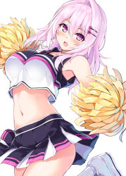 Rule 34 | 1girl, :d, armpits, bare shoulders, black skirt, blush, breasts, cheerleader, commentary request, crop top, cu-no, hair between eyes, hair ornament, hairclip, hisen kaede, holding, leaning to the side, long hair, medium breasts, midriff, navel, open mouth, pink hair, pleated skirt, pom pom (cheerleading), purple eyes, shirt, shoes, simple background, single hair intake, skirt, sleeveless, sleeveless shirt, smile, socks, solo, white background, white footwear, white socks, yayoi sakura