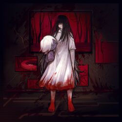 Rule 34 | 1girl, black hair, blood, blood on clothes, blood on feet, character doll, closed mouth, dress, e.g.o (project moon), flaw eight, holding, holding stuffed toy, limbus company, long hair, looking at viewer, project moon, red eyes, ryoshu (project moon), short hair, short sleeves, smile, solo, stuffed toy, taking picture, very long hair, white dress, white hair, will you play?