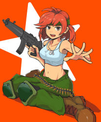 Rule 34 | 1girl, advance wars, cubechicken15, green hairband, hairband, highres, holding, holding weapon, looking at viewer, open mouth, red hair, sami (advance wars), short hair, soldier, solo, star (symbol), weapon