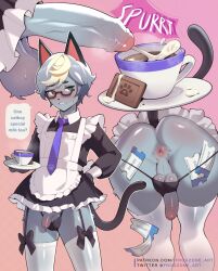 Rule 34 | 1boy, animal crossing, animal ears, anus, apron, ball bra, black dress, blonde hair, blush, cat boy, cat ears, cat tail, chocolate, commentary, crossdressing, cum, cum in container, cum in cup, cup, dress, ejaculation, english commentary, english text, frogzone art, furry, furry male, garter straps, glasses, grey hair, heterochromia, highres, holding, holding saucer, long sleeves, male focus, multicolored hair, multiple views, nintendo, nook miles ticket, penis, pink background, raymond (animal crossing), saucer, short dress, simple background, sweat, tail, testicles, thighhighs, thong, ticket, trap, uncensored, white apron, white thighhighs