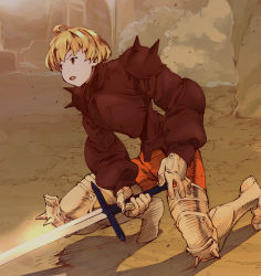 Rule 34 | final fantasy, final fantasy tactics, highres, holding, holding sword, holding weapon, male focus, nanpou (nanpou0021), on one knee, outdoors, ramza beoulve, solo, sword, tagme, weapon