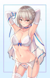 Rule 34 | 1girl, armpits, arms up, blue ribbon, blush, bra, breasts, bridal veil, cenangam, cleavage, collarbone, cowboy shot, earrings, elbow gloves, flying sweatdrops, garter belt, garter straps, girls&#039; frontline, gloves, groin, hair ornament, jewelry, looking at viewer, medium breasts, navel, panties, ribbon, short hair, silver hair, solo, stomach, thighhighs, underwear, underwear only, vector (girls&#039; frontline), veil, white bra, white gloves, white panties, white thighhighs, yellow eyes
