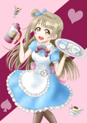 Rule 34 | 1girl, absurdres, apron, aqua dress, aqua skirt, artist name, artist request, back bow, black legwear, blue bow, blush, bow, breasts, brown eyes, brown hair, brown neckwear, collared dress, dress, female focus, grey hair, hair bow, highres, holding, holding plate, light brown hair, long hair, looking at viewer, love live!, love live! school idol project, maid, maid apron, minami kotori, parted lips, pink bow, plate, ponytail, puffy short sleeves, puffy sleeves, salad27, short sleeves, side ponytail, skirt, small breasts, smile, solo, striped, striped bow, white apron