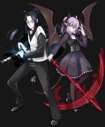 Rule 34 | 1boy, 1girl, absurdres, ahoge, black legwear, commission, corset, demon girl, demon tail, dress, fang, formal, glowing, glowing weapon, hair ornament, hairclip, highres, holding, holding weapon, indioweeaboo, katana, original, ponytail, purple hair, red eyes, ribbon, rika roseingrave, scythe, suit, sword, tail, weapon, wings