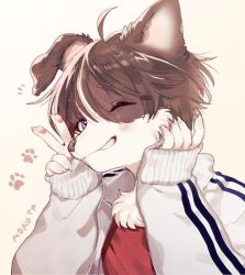 Rule 34 | 1girl, ahoge, animal ears, animal hands, artist name, body fur, brown background, brown fur, brown hair, claws, collared jacket, commentary, dog ears, dog girl, ear down, furry, furry female, grey jacket, grin, hand on own chest, hands up, jacket, long sleeves, looking at viewer, mokotalow11, one eye closed, original, paw print, purple eyes, red shirt, sharp teeth, shirt, short hair, simple background, smile, solo, symbol-only commentary, teeth, upper body, v