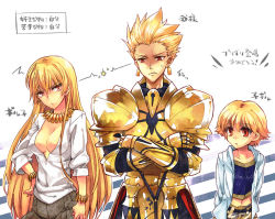 Rule 34 | 1girl, 2boys, anger vein, arai kuma, armor, bad id, bad pixiv id, blonde hair, bracelet, breasts, child gilgamesh (fate), cleavage, earrings, fate/hollow ataraxia, fate/stay night, fate/zero, fate (series), genderswap, genderswap (mtf), gilgamesh (fate), gilgamesh-ko, jewelry, large breasts, long hair, midriff, multiple boys, navel, necklace, red eyes, short hair