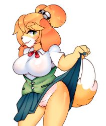 Rule 34 | 1girl, absurdres, animal crossing, animal ears, bell, blonde hair, blush, bow, breasts, cleft of venus, clothes lift, dog ears, dog tail, female focus, furry, furry female, green eyes, green skirt, green vest, hair bell, hair ornament, hand up, highres, isabelle (animal crossing), large breasts, lifting own clothes, looking at viewer, nintendo, no panties, open mouth, pussy, raikissu, red bow, red neckwear, shirt, short hair, short sleeves, simple background, skirt, skirt lift, smile, solo, standing, tail, uncensored, vest, white background, white shirt