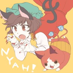 Rule 34 | 10s, 1girl, animal ears, bad id, bad pixiv id, cat, cat ears, cat tail, chen, crossover, earrings, fang, fingernails, flame-tipped tail, haramaki, hat, jewelry, jibanyan, kiitos12, long fingernails, mob cap, multiple tails, nail polish, nekomata, notched ear, open mouth, red nails, romaji text, simple background, single earring, tail, touhou, trait connection, two tails, yellow background, youkai watch