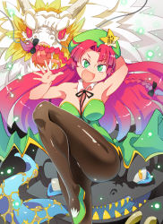 Rule 34 | &gt;:d, 1girl, :d, adapted costume, alternate costume, armpits, black pantyhose, braid, breasts, cleavage, dragon, green eyes, hat, hong meiling, long hair, looking at viewer, open mouth, panties, panties under pantyhose, pantyhose, red hair, smile, spell card, standing, standing on one leg, touhou, twin braids, underwear, v-shaped eyebrows, waving, xin yu hua yin