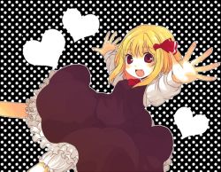 Rule 34 | 1girl, bad id, bad pixiv id, blonde hair, blush, eyebrows, fang, female focus, hair ribbon, heart, katagiri (mighty swing), long sleeves, open mouth, outstretched arms, red eyes, ribbon, rumia, short hair, solo, touhou