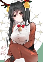 Rule 34 | 9610 (kuroto), absurdres, animal costume, antlers, bell, belt, black eyes, black gloves, black hair, breasts, chikuma (kancolle), dated, fake antlers, gloves, green background, hair ornament, highres, horns, jingle bell, kantai collection, large breasts, long hair, neckerchief, official alternate costume, red neckerchief, reindeer antlers, reindeer costume, shirt, signature, white background, white shirt