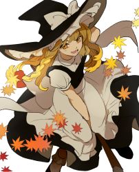 Rule 34 | 1girl, apron, autumn leaves, back bow, black dress, black footwear, black hat, black vest, blonde hair, bobby socks, bow, braid, broom, broom riding, dress, falling leaves, frilled hat, frills, hair bow, hand on headwear, hand up, hat, hat bow, kerok (joniko1110), kirisame marisa, leaf, long hair, looking at viewer, open mouth, red bow, shirt, short sleeves, smile, socks, solo, touhou, two-sided fabric, two-sided headwear, vest, waist apron, white background, white bow, white shirt, white socks, wind, witch hat, yellow eyes