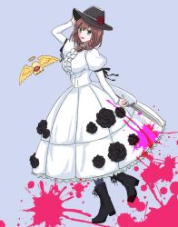 Rule 34 | 1girl, blood, blood splatter, boots, braid, breasts, brown hair, charlotte corday (fate), charlotte corday (third ascension) (fate), dress, fate/grand order, fate (series), flower, green eyes, hat, hat flower, holding, holding knife, juliet sleeves, knife, large breasts, long dress, long sleeves, pe6n1, puffy sleeves, smile, solo