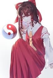 Rule 34 | 1girl, :/, ascot, bare shoulders, bow, breasts, brown hair, closed mouth, commentary request, detached sleeves, eyes visible through hair, feet out of frame, hair bow, hair intakes, hair tubes, hakurei reimu, half-closed eyes, highres, jitome, knees up, long hair, long sleeves, looking at viewer, mochi mugi, orb, red bow, red eyes, red skirt, red vest, sanpaku, simple background, sitting, skirt, sleeves past wrists, small breasts, solo, touhou, very long hair, vest, white background, wing collar, yellow ascot, yin yang, yin yang orb