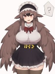 Rule 34 | 1girl, ?, animal ears, belt, bird ears, black skirt, black souls, black thighhighs, blush, bow, breasts, bright pupils, brown eyes, brown feathers, brown hair, brown wings, dodo (black souls), feathered wings, feathers, frilled skirt, frills, hair between eyes, harpy, highres, large breasts, long hair, looking at viewer, maid headdress, monster girl, open mouth, red bow, shirt, sidelocks, simple background, skirt, smile, solo, spoken question mark, sweatdrop, thighhighs, white background, white shirt, winged arms, wings, yonaga san
