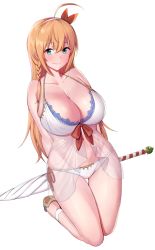 Rule 34 | 1girl, ahoge, amano don, antenna hair, arms behind back, bare shoulders, bikini, blue eyes, blush, braid, breasts, cleavage, closed mouth, collarbone, hair ornament, hairband, highres, kneeling, large breasts, long hair, looking at viewer, navel, orange hair, pecorine (princess connect!), pecorine (summer) (princess connect!), princess connect!, red ribbon, ribbon, sandals, side braid, simple background, smile, solo, swimsuit, thighs, umbrella, white background, white bikini, white hairband