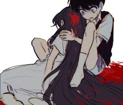 Rule 34 | 1boy, 1girl, black hair, black sweater vest, blood, blood in hair, brother and sister, collared shirt, crying, crying with eyes open, death, dress, grey eyes, hand on another&#039;s shoulder, highres, knees up, long hair, mari (faraway) (omori), mari (omori), no shoes, omori, shirt, short hair, short sleeves, shorts, siblings, sike (dvh 04), sitting, socks, spoilers, sunny (omori), sweater vest, tears, very long hair, white background, white dress, white shorts, white socks