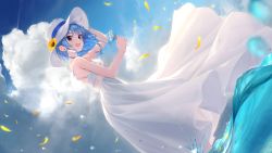 Rule 34 | 1girl, absurdres, bare arms, bare shoulders, blue hair, blue sky, breasts, cloud, cloudy sky, commentary request, day, dress, earrings, flower, grey eyes, hair down, hat, highres, holding, jewelry, open mouth, original, outdoors, petals, short hair, sky, sleeveless, sleeveless dress, small breasts, smile, solo, star (symbol), star earrings, sun hat, sunflower, takubon, virtual youtuber, wading, water, water drop, white dress
