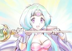 Rule 34 | 1girl, aqua hair, blue hair, blush, breasts, circlet, cleavage, fingerless gloves, gloves, haou taikei ryuu knight, large breasts, long hair, looking at viewer, open mouth, paffy pafuricia, purple eyes, smile, solo, staff, twintails, ueyama michirou, very long hair