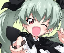 Rule 34 | 1girl, ;d, anchovy (girls und panzer), anzio school uniform, black cape, black necktie, black ribbon, cape, commentary, dress shirt, drill hair, foreshortening, girls und panzer, green hair, hair ribbon, highres, holding, long hair, long sleeves, looking at viewer, necktie, one eye closed, open mouth, pointing, pointing at viewer, red eyes, ribbon, riding crop, school uniform, shirt, smile, smirk, solo, take shinobu, twin drills, twintails, white shirt, yellow background
