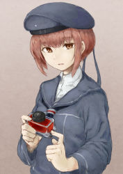 Rule 34 | 10s, 1girl, bad id, bad pixiv id, bottle, brown eyes, brown hair, dress, hat, ink bottle, kantai collection, looking at viewer, nemubusoku, open mouth, sailor dress, sailor hat, short hair, simple background, solo, z3 max schultz (kancolle)
