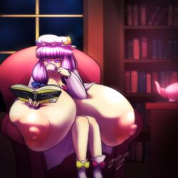 Rule 34 | 1girl, breasts, cirno, cup, drinking, female focus, gigantic breasts, highres, indoors, large areolae, large nipples, nipples, patchouli knowledge, purple eyes, purple hair, reading, sitting, solo, tea, teacup, touhou, zedrin